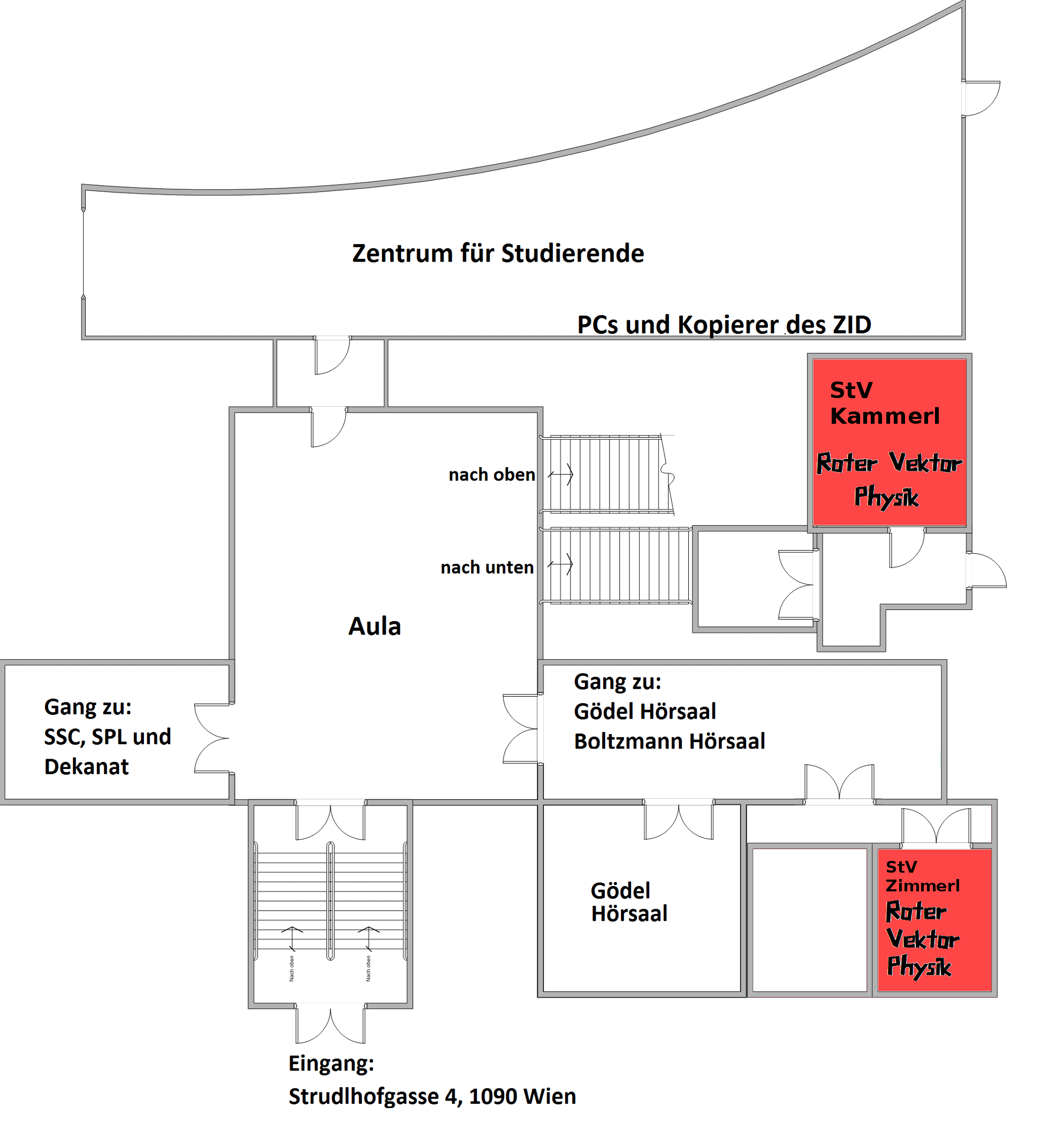 Ein Raumplan der Fakultät für Physik. Er zeigt, dass das Büro im Gang rechts nach dem Eingang Strudlhofgasse ist und das Kammerl links vor der Tür von der Aula in den Hof
